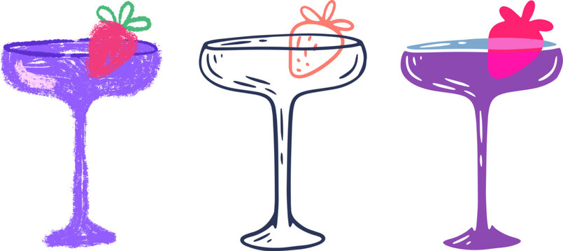 Vector icons of classic strawberry margarita or daiquiri cocktail in wide coupe glass, garnished with whole strawberry. Collection includes three artistic variations