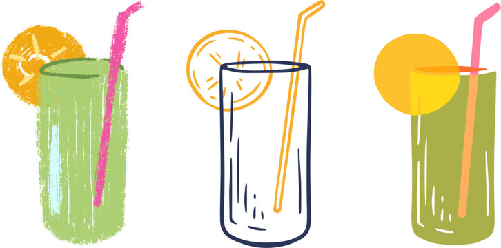 Set of vector illustrations featuring refreshing green long drink or lemonade in tall highball glass, complete with drinking straw and an orange or lemon slice garnish.