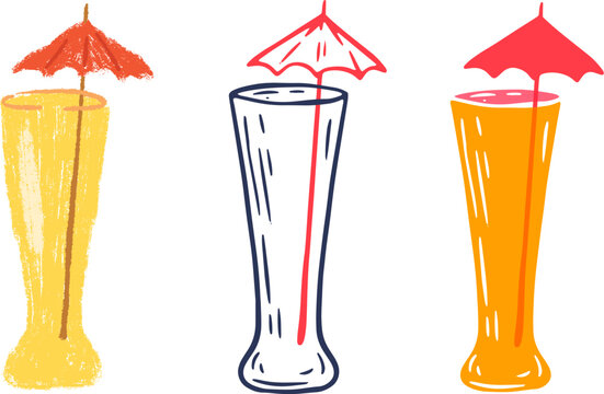 Set of vector icons representing festive tropical cocktail, sling or juice mix in tall footed glass, garnished with classic paper cocktail umbrella. 