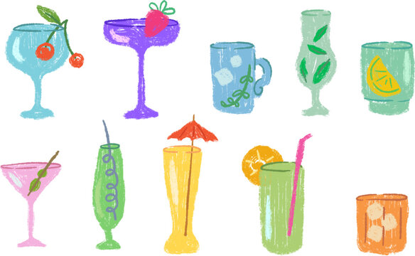 Vector set of various tropical summer cocktails and alcoholic drinks in different glasses. Seamless artistic crayon or oil pastel texture illustration including martini, mojito, margarita and whiskey.