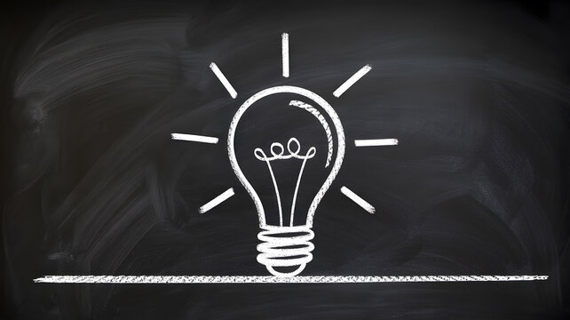 A creative lightbulb idea drawn on a black chalkboard with white chalk