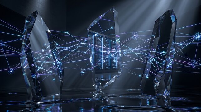 Abstract network of glowing data streams connecting crystal monoliths, representing futuristic technology, global connectivity, and a surreal digital aesthetic