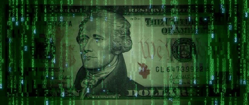 Electronic Money Concept with Ten Dollar Bill made up of Animated Code. Futuristic Finance Wallpaper.