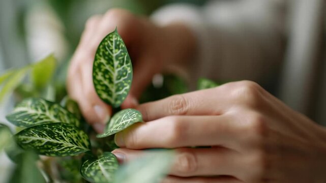 Gentle hands cradle leafy green foliage with care. Soft light enhances the plant's intricate pattern. Quiet moment of nurturing nature. Perfect for home, wellness, or eco-conscious branding