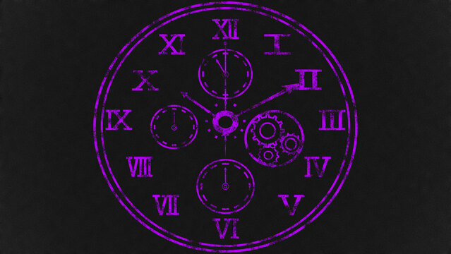 紫色のスチームパンク魔法時計イラスト（黒背景・ファンタジー・歯車・高級感）：Purple steampunk magic clock illustration on black background. Fantasy timepiece with gears.