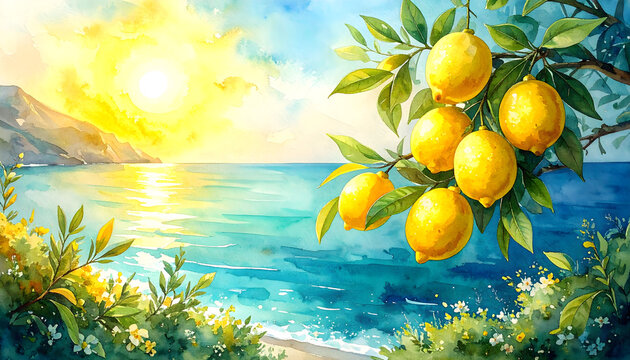 Lemons hanging from branches in an Italian coastal garden overlooking the sea displaying a vibrant warm romantic glowing Mediterranean atmosphere generative AI