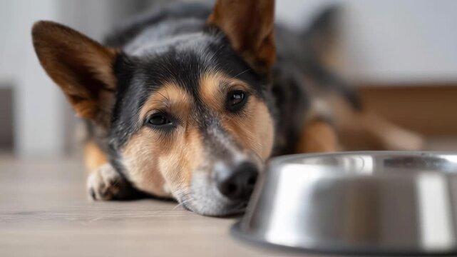 Dog rests beside empty bowl, eyes hopeful. Softly awaiting food, calm and patient. Ideal for pet care, feeding, or home comfort themes