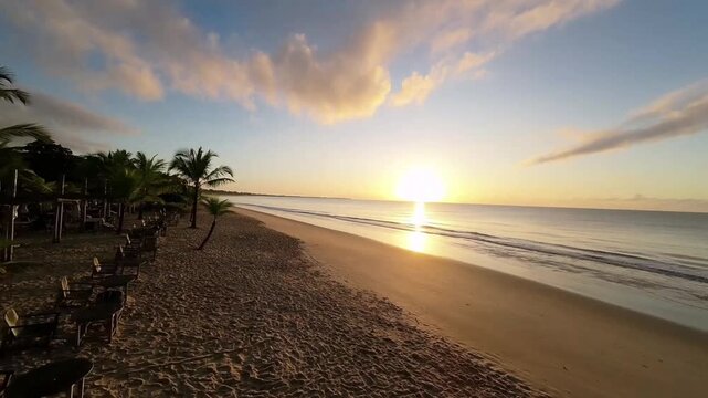 The camera moves smoothly, using a drone zoom-out or crane shot, from the beachfront accommodation area lined with coconut trees and wooden huts, and then moves closer to the shoreline.