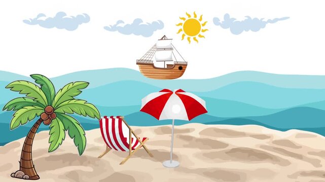 A minimalist vector animation of a tropical beach resort featuring a wooden sailing ship moving across ocean waves, a coconut palm tree, a deck chair, a beach umbrella, moving clouds, and a shining su