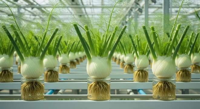 Healthy fennel plants with distinctive white bulbs and feathery greens cultivated in a clean hydroponic greenhouse, showing sustainable and efficient growth.