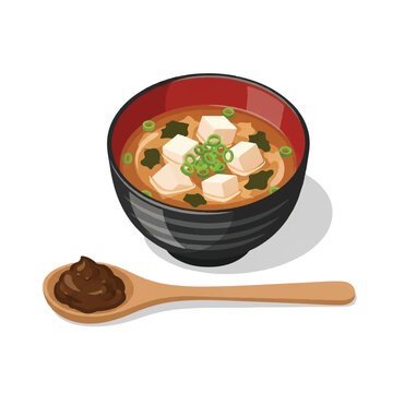 A small ceramic bowl of miso soup with tofu cubes and green onions next to a wooden spoon with miso paste. Minimalist flat vector artwork, clipart style, absolute solid block colors, extremely