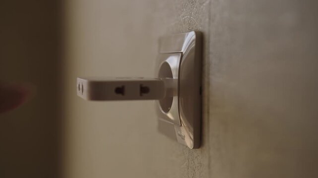 Anonymous person plugging white smart plug adapter into European wall outlet, enabling remote control and home automation for energy saving and modern convenience in dark interior of room.