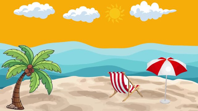 A beautiful vector animation of a tropical beach resort at sunset, featuring an orange sky with moving clouds, a shining sun, coconut palm tree, a deck chair, and a beach umbrella. Perfect for summer 