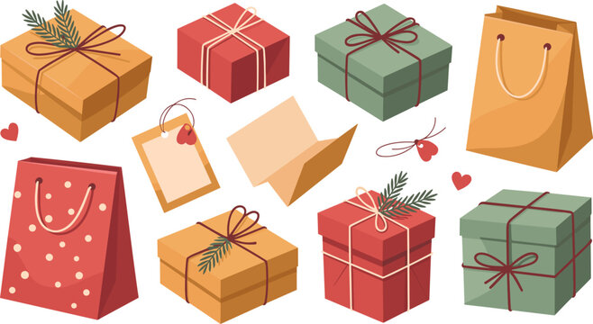 Christmas gift boxes paper bags and greeting card set collection isolated on white background vector