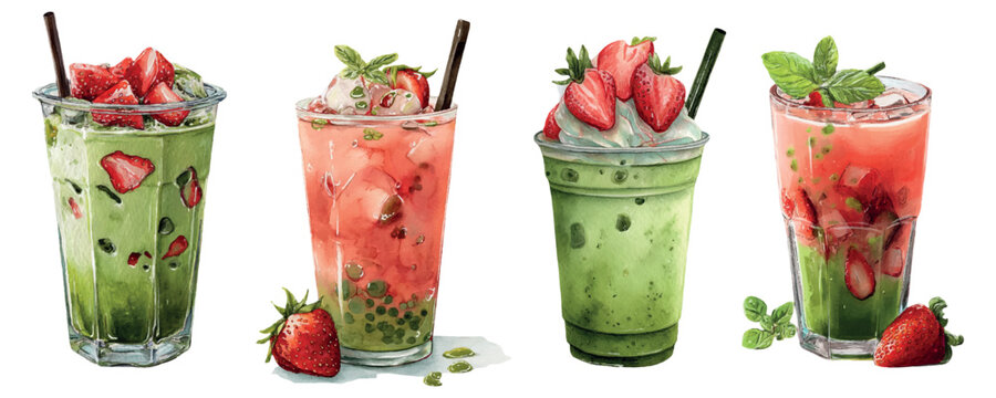 Refreshing strawberry matcha and fruit tea drinks created with watercolor illustration. Featuring fresh strawberries. Green tea. Mint leaves. And boba pearls