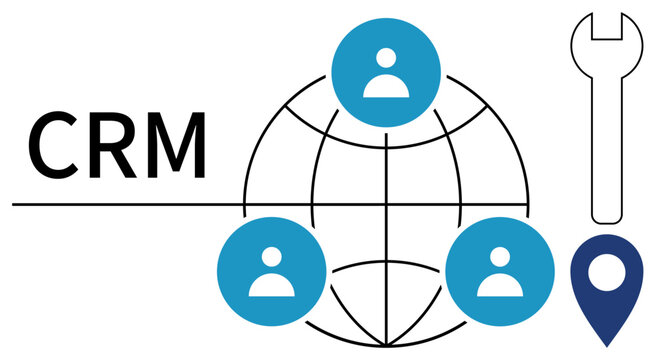 Customer management, global business, tools, technology systems, user experience, data integration. Globe, user icons CRM text and tools . Customer management and global business concept