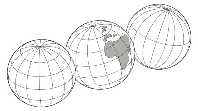 Vector illustration of three interconnected globes showing world map with geography international connection