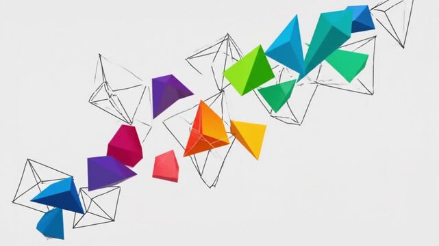A dynamic geometric animation featuring prism- and pyramid-shaped elements in a rainbow-colored spectrum, floating across the screen from the bottom left to the top right. 
