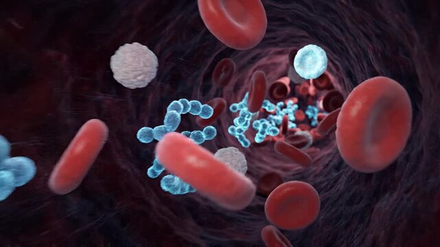 Microscopic view of blood cells and platelets flowing through a vein.