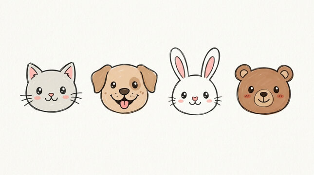 Cute cartoon animal faces including cat dog rabbit and bear.