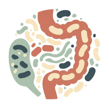 An artistic bird's-eye view of a gut microbiome ecosystem, featuring stylized organic shapes of beneficial bacteria and microbes. The composition is airy with vast negative space. Lighting is