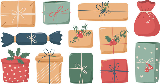 Christmas kraft gift boxes and bags set collection wrapped with ribbons isolated on white background vector