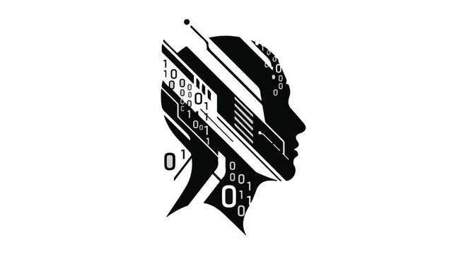 Abstract silhouette of a human head merging with digital circuitry and binary code, symbolizing artificial intelligence and technology.