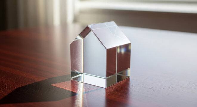 A transparent crystal house figurine glimmers on a polished wooden table, capturing soft light in its facets.