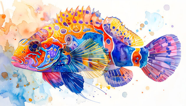 Mandarin fish and dragonet varieties with brilliant rainbow coloring displaying a breathtaking soft spectacular exotic marine life watercolor painting atmosphere generative AI