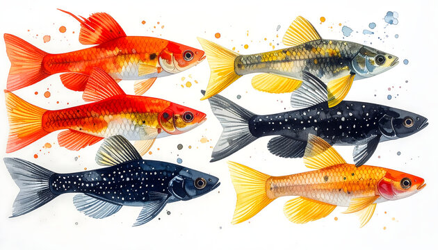 Platy fish color morphs with red gold black and spotted variants displaying a colorful soft vibrant beginner aquarium watercolor painting atmosphere generative AI