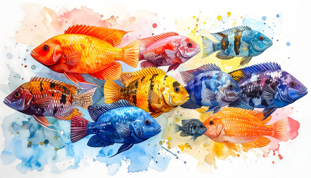 South American cichlid varieties with dramatic markings displaying a dominant soft aggressive large aquarium species professional aquatic watercolor painting atmosphere generative AI