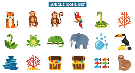 Naklejka premium A grid of 18 vectorstyle junglethemed icons showing animals plants treasure chests and miscellaneous nature elements