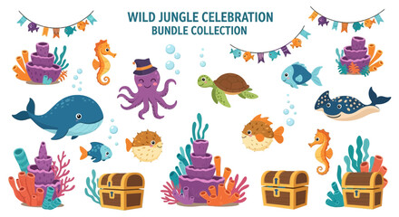 A vibrant collection of cartoon sea creatures, underwater elements, and party decorations for a wild jungle celebration. © Faisal