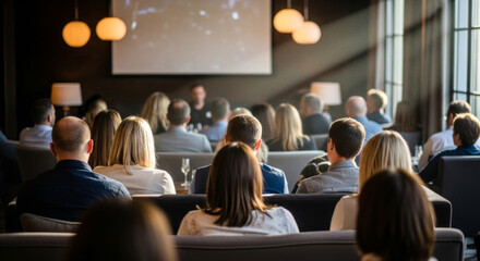 Obraz premium A diverse group of adults attentively listening during a seminar in a stylish, modern lounge space.