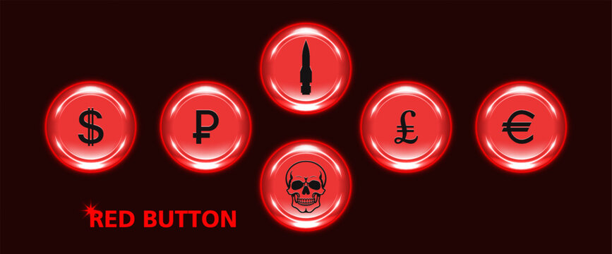 Vector set of round glowing red buttons, bright highlights. Symbols of world currencies. Dollar, ruble, pound and euro. Rocket, bomb and human skull. Shine icons collection. Dangerous stickers