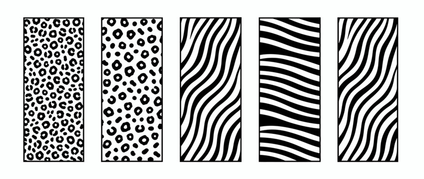 Set of five vertical graphic banners featuring abstract animal skin patterns with black and white leopard spots and zebra stripes