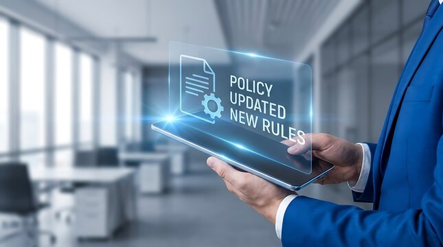 Man holding a tablet displaying 'policy updated new rules' with digital icons in office regulation business corporate document