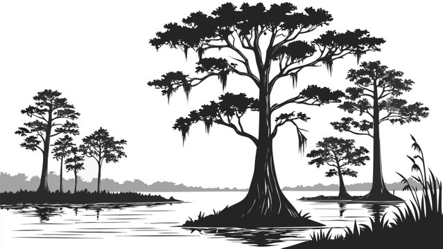 Vector illustration of a swamp landscape with cypress trees and moss landscape wilderness environment