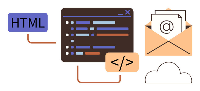 Web development, email communication, coding, cloud solutions, software tools, digital connectivity. HTML tag and code editing screen linked to an envelope. Web development and email communication