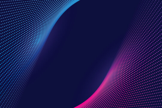 Abstract wave background with blue and pink digital glowing dots on dark background for technology concepts.