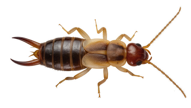 Brown earwig insect with segmented body and pincers, isolated on transparent background