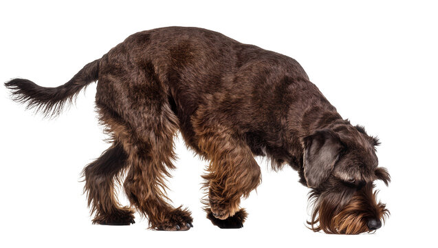 Dark brown Miniature Schnauzer dog sniffing the ground, isolated on transparent background