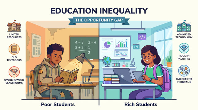 Education Inequality A visual comparison highlighting the profound opportunity gap in learning environments and resources for students from diverse socioeconomic backgrounds