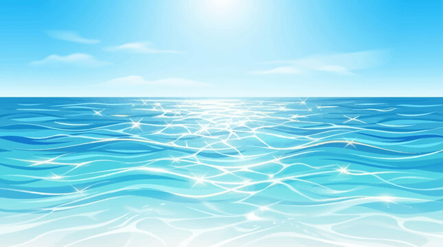 Sparkling blue ocean water surface with waves and sunny sky vector illustration.

