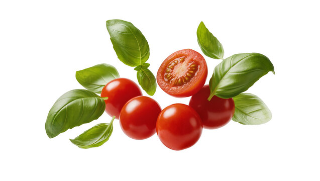 Fresh red cherry tomatoes and basil leaves, isolated on transparent background