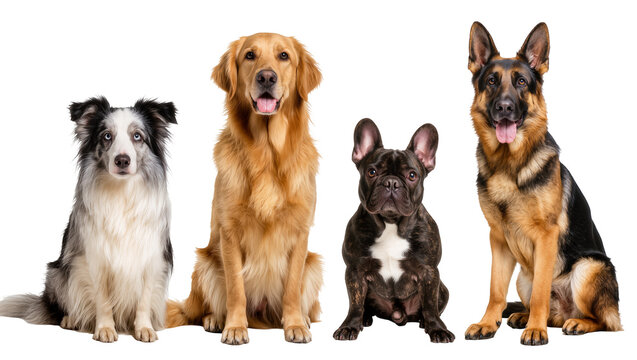 Four diverse dog breeds sitting attentively, isolated on transparent background