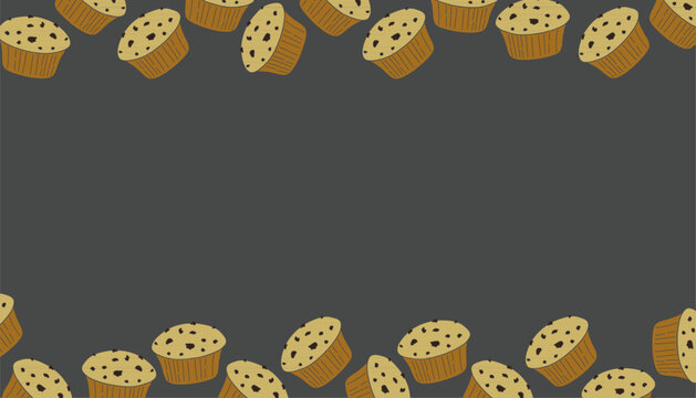 Doodle Muffin pattern illustration. Hand drawn bakery Frame Pattern. Cupcake outline repeat background. Minimal line baking design. Pastry wrapping surface.