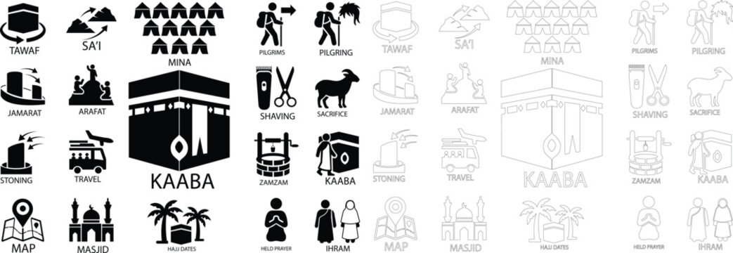 Black flat and line style Hajj pilgrimage vector icon set, collection and group of Kaaba, Tawaf, Ihram, Mina and Islamic travel symbols isolated on transparent background