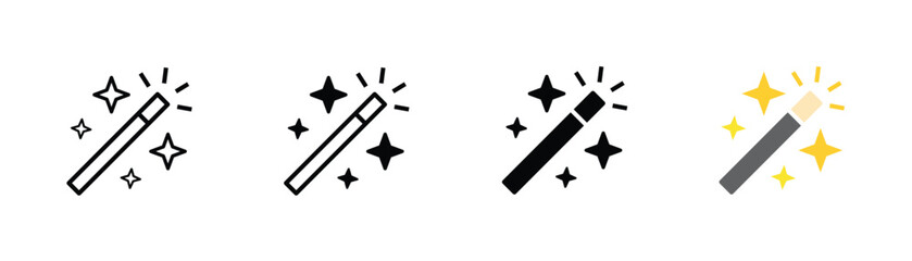 Four different styles of magic wand icons featuring sparkles for creative design and digital projects © mr fida 