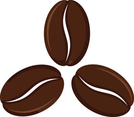 Fototapeta premium Three stylized brown coffee beans arranged in a triangular formation on a white background, dark brown